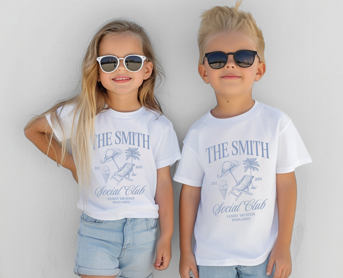 Custom Family Name Social Club, Custom Kids Size Tee, Family Vacation Matching Shirts