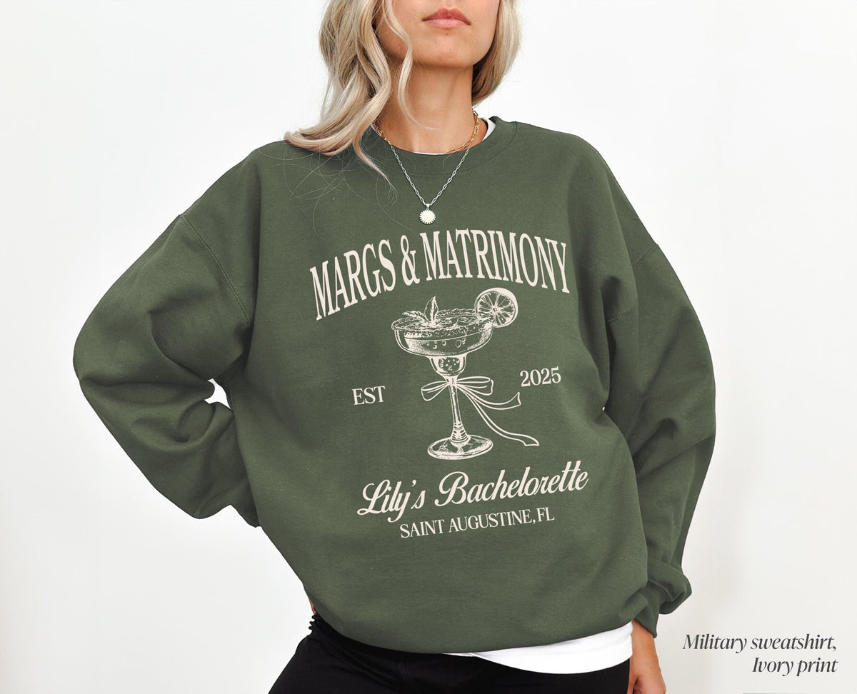 Margs and Matrimony Custom Sweatshirt, Tequila Bachelorette Sweatshirt, Coquette Margarita Bachelorette Crewneck, Bow Margarita Sweatshirt