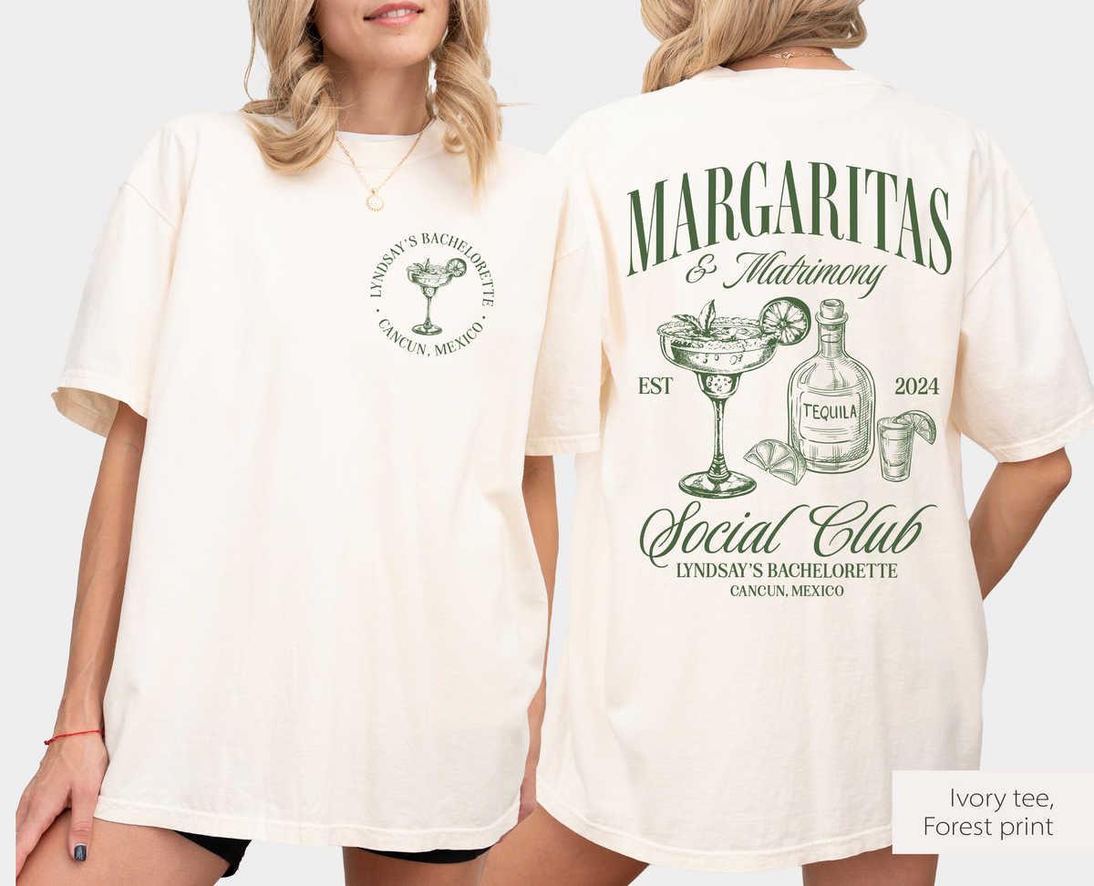 Margaritas and Matrimony Bachelorette Party Shirt, Back Print